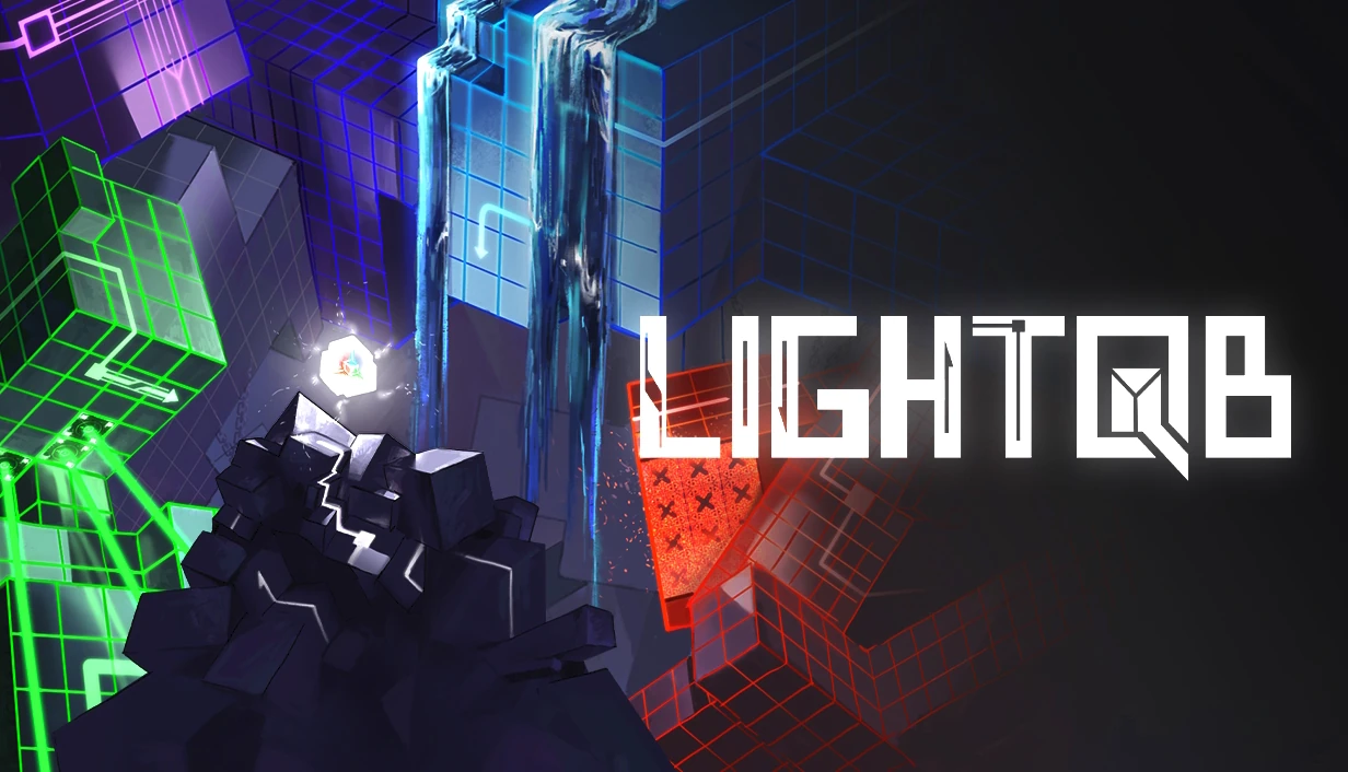 LightQb cover artwork: a glowing cube among neon platforms and waterfalls.