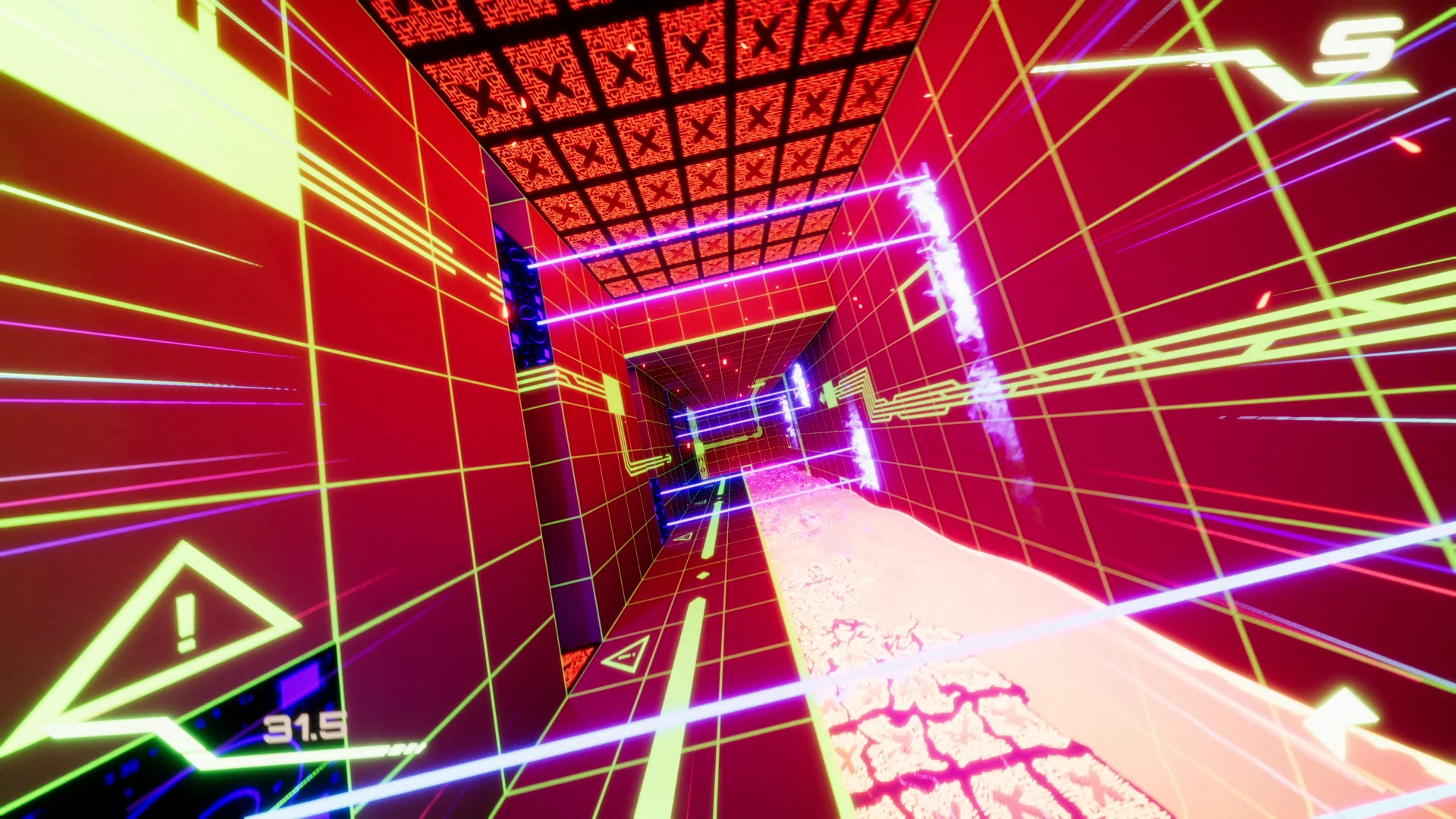 Purple laser barriers across a red grid corridor in LightQb.